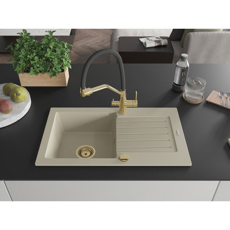 Mexen Pablo granitový dřez s 1 komorou, odkapávačem a kuchyňskou baterií Duo, béžový - 6510-69-671701-57-G