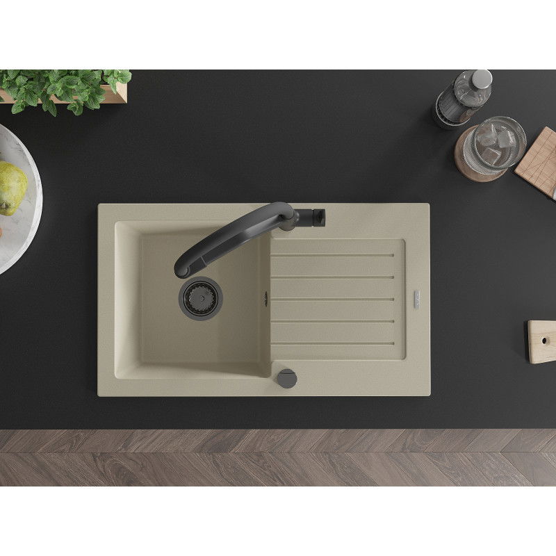 Mexen Pablo granitový kuchyňský dřez 1-komorový s odkapávačem a kuchyňským kohoutkem Duo, béžový - 6510-69-671701-70-B