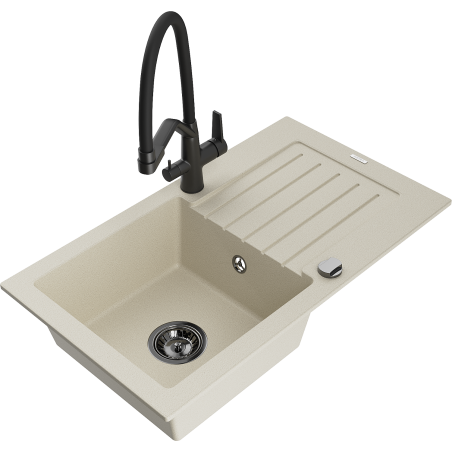 Mexen Pablo granitový kuchyňský dřez 1-komorový s odkapávačem a kuchyňským kohoutkem Duo, béžový - 6510-69-671701-70-B