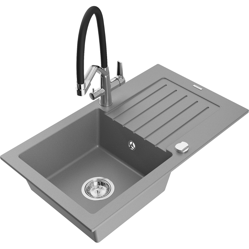 Mexen Pablo granitový dřez 1-komorový s odkapávačem a kuchyňskou baterií Duo, šedý - 6510-71-671701-07