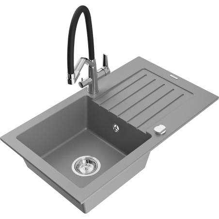 Mexen Pablo granitový dřez 1-komorový s odkapávačem a kuchyňskou baterií Duo, šedý - 6510-71-671701-07