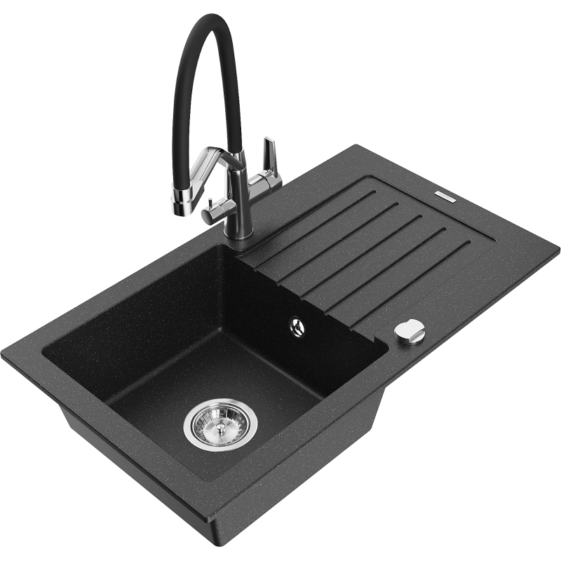 Mexen Pablo granitový dřez 1-komorový s odkapávačem a kuchyňskou baterií Duo, černý/stříbrný metalický - 6510-73-671701-07
