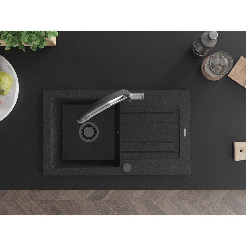Mexen Pablo žulový dřez s 1 komorou s odkapávačem a kuchyňskou baterií Duo, černá/stříbrná metalíza - 6510-73-671701-07-B