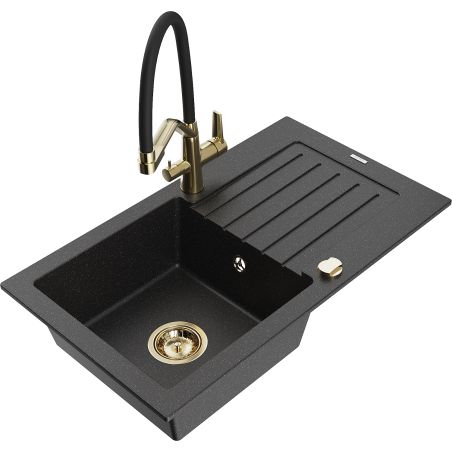 Mexen Pablo granitový dřez jednokomorový s odkapávačem a kuchyňskou baterií Duo, černý/stříbrný metalik - 6510-73-671701-57-G