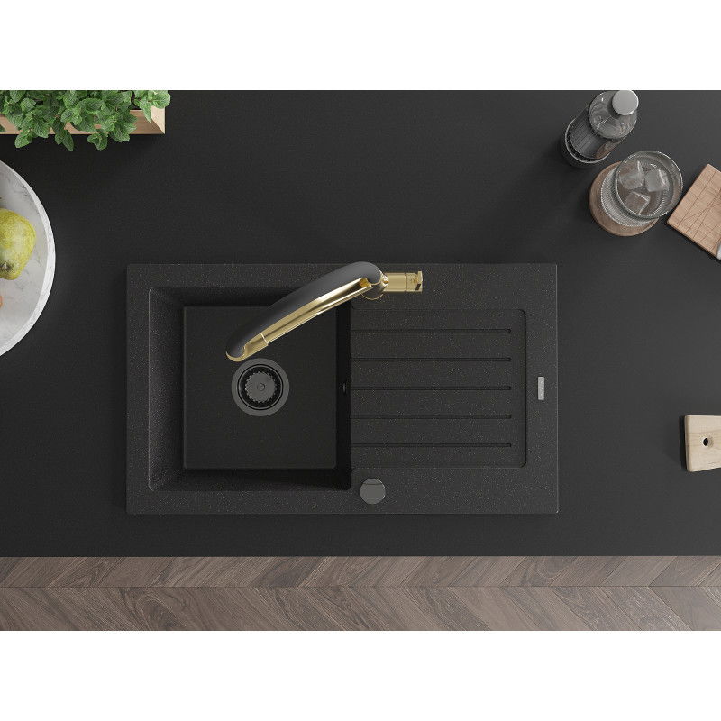 Mexen Pablo granitový dřez 1-komorový s odkapávačem a kuchyňskou baterií Duo, černý/stříbrný metalik - 6510-73-671701-57-B