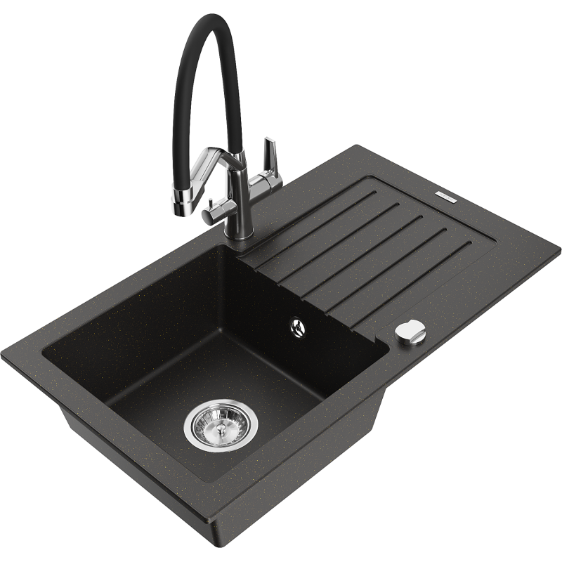 Mexen Pablo granitový dřez 1-komorový s odkapávačem a kuchyňskou baterií Duo, černý/zlatý metalik - 6510-75-671701-07