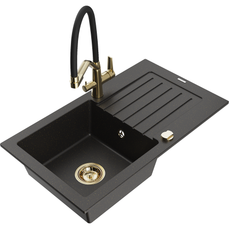Mexen Pablo granitový dřez 1-komorový s odkapávačem a kuchyňskou baterií Duo, černý/zlatý metalik - 6510-75-671701-57-G