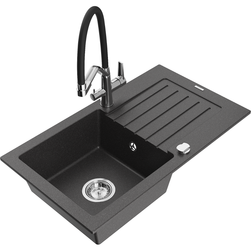 Mexen Pablo granitový dřez 1-komorový s odkapávačem a kuchyňskou baterií Duo, černý tečkovaný - 6510-76-671701-07
