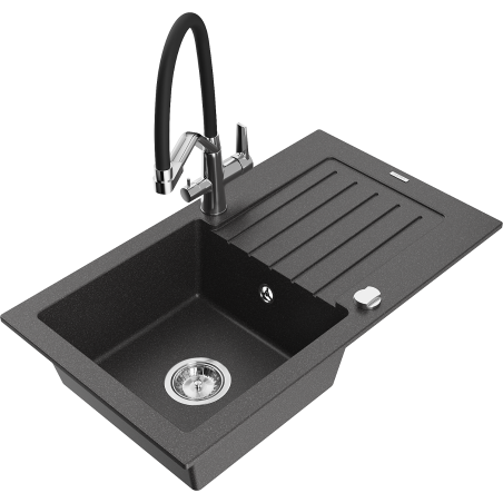 Mexen Pablo granitový dřez 1-komorový s odkapávačem a kuchyňskou baterií Duo, černý tečkovaný - 6510-76-671701-07