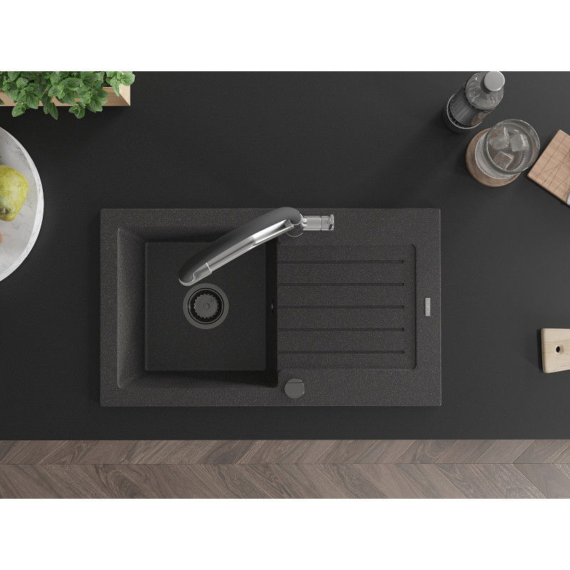 Mexen Pablo žulový dřez s 1 komorou, odkapávačem a kuchyňskou baterií Duo, černý skvrnitý - 6510-76-671701-07-B