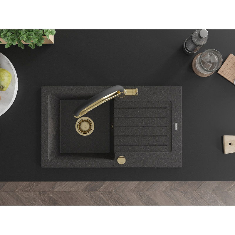 Mexen Pablo granitový dřez 1-komorový s odkapávačem a kuchyňskou baterií Duo, černý kropenatý - 6510-76-671701-57-G