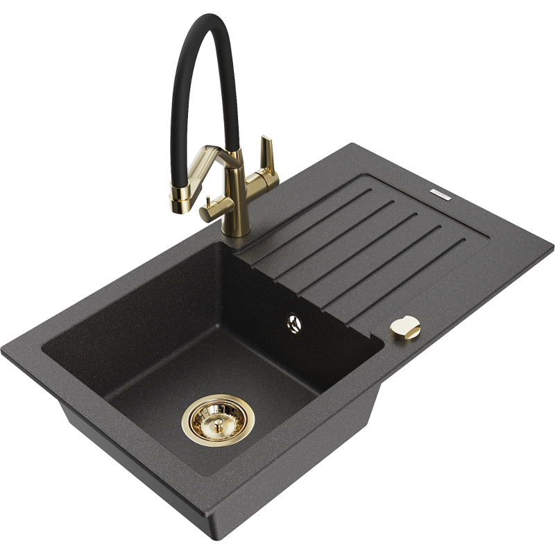 Mexen Pablo granitový dřez 1-komorový s odkapávačem a kuchyňskou baterií Duo, černý kropenatý - 6510-76-671701-57-G