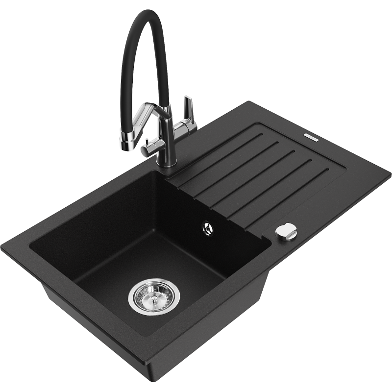 Mexen Pablo žulový dřez 1-komorový s odkapávačem a kuchyňskou baterií Duo, černý - 6510-77-671701-07
