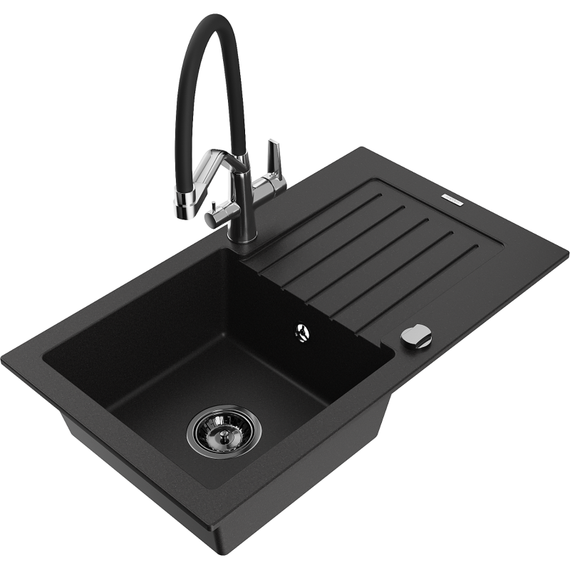 Mexen Pablo žulový dřez s 1 komorou a odkapávačem a kuchyňskou baterií Duo, černý - 6510-77-671701-07-B
