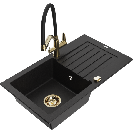 Mexen Pablo žulový kuchyňský dřez s 1 komorou s odkapávačem a kuchyňskou baterií Duo, černý - 6510-77-671701-57-G