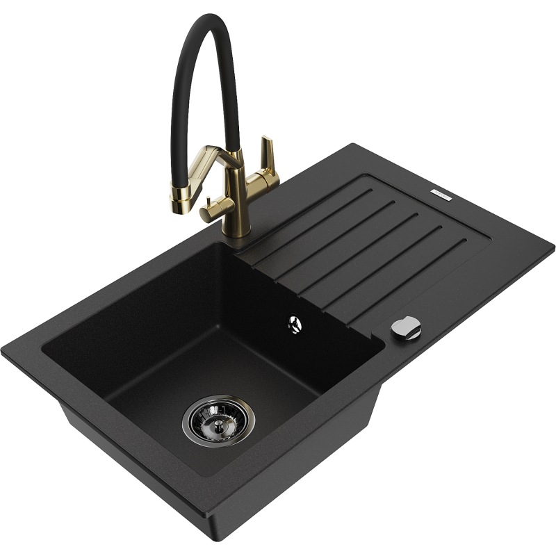 Mexen Pablo žulový dřez 1-komorový s odkapávačem a kuchyňskou baterií Duo, černý - 6510-77-671701-57-B