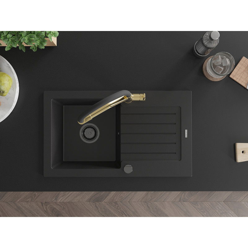 Mexen Pablo žulový dřez 1-komorový s odkapávačem a kuchyňskou baterií Duo, černý - 6510-77-671701-57-B