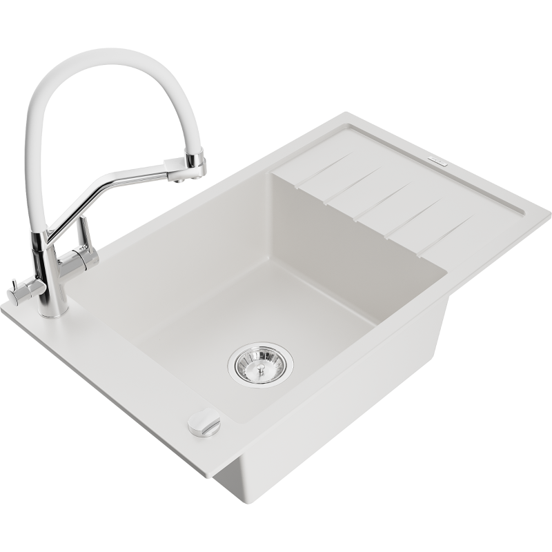 Mexen Elias granitový dřez 1-komorový s odkapávačem a kuchyňskou baterií Duo, bílý - 6511-20-671701-02