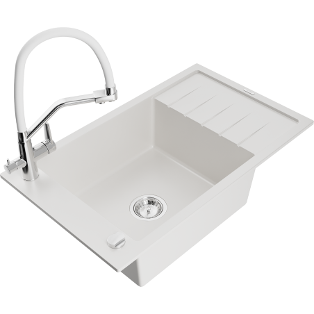 Mexen Elias granitový dřez 1-komorový s odkapávačem a kuchyňskou baterií Duo, bílý - 6511-20-671701-02