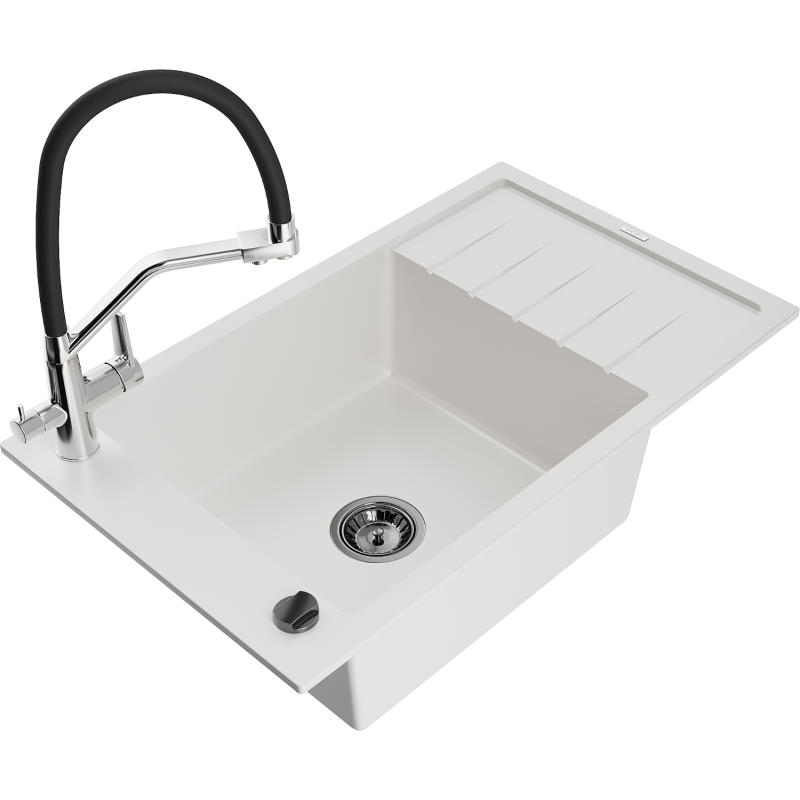 Mexen Elias granitový dřez 1-komorový s odkapávačem a kuchyňskou baterií Duo, bílý - 6511-20-671701-07-B