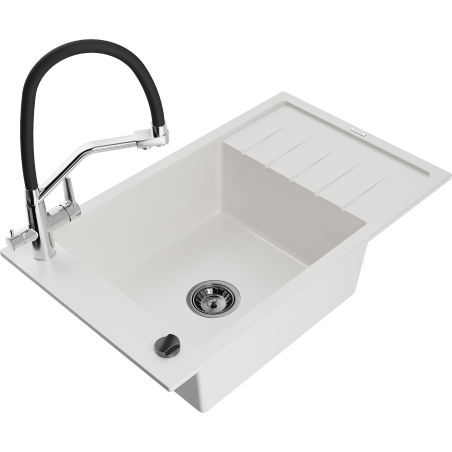 Mexen Elias granitový dřez 1-komorový s odkapávačem a kuchyňskou baterií Duo, bílý - 6511-20-671701-07-B