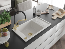 Mexen Elias granitový dřez s 1 komorou s odkapávačem a kuchyňskou baterií Duo, bílý - 6511-20-671701-57-G