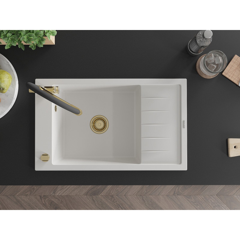 Mexen Elias granitový jednodřez s odkapávačem a kuchyňskou baterií Duo, bílý - 6511-20-671701-57-G