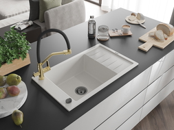 Mexen Elias granitový dřez 1-komorový s odkapávačem a kuchyňskou baterií Duo, bílý - 6511-20-671701-57-B