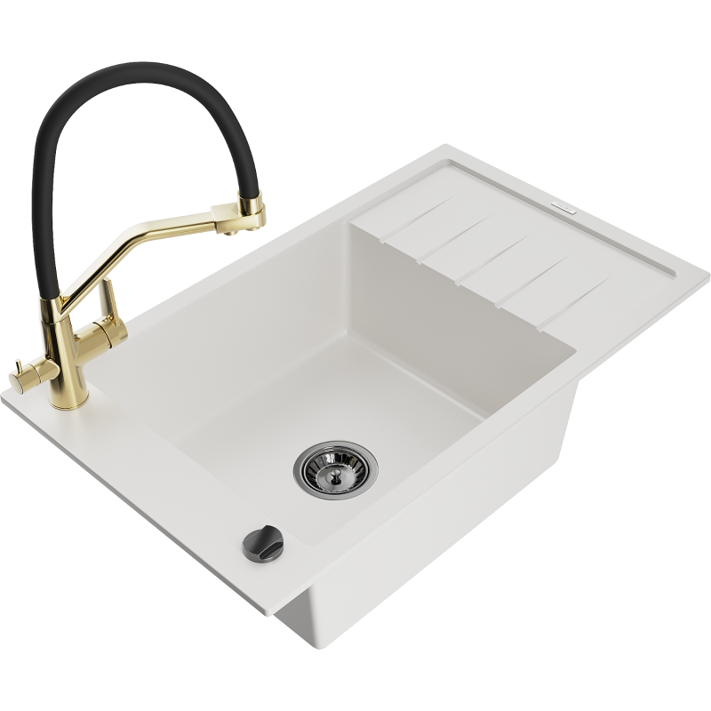 Mexen Elias granitový dřez 1-komorový s odkapávačem a kuchyňskou baterií Duo, bílý - 6511-20-671701-57-B