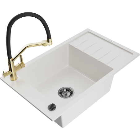 Mexen Elias granitový dřez 1-komorový s odkapávačem a kuchyňskou baterií Duo, bílý - 6511-20-671701-57-B
