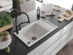 Mexen Elias granitový dřez 1-komorový s odkapávačem a kuchyňskou baterií Duo, bílý - 6511-20-671701-70-B