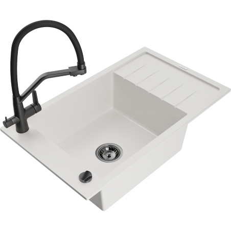 Mexen Elias granitový dřez 1-komorový s odkapávačem a kuchyňskou baterií Duo, bílý - 6511-20-671701-70-B