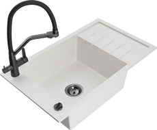 Mexen Elias granitový dřez 1-komorový s odkapávačem a kuchyňskou baterií Duo, bílý - 6511-20-671701-70-B