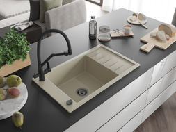 Mexen Elias granitový dřez s 1 komorou, odkapávačem a kuchyňskou baterií Duo, béžový - 6511-69-671701-70-B