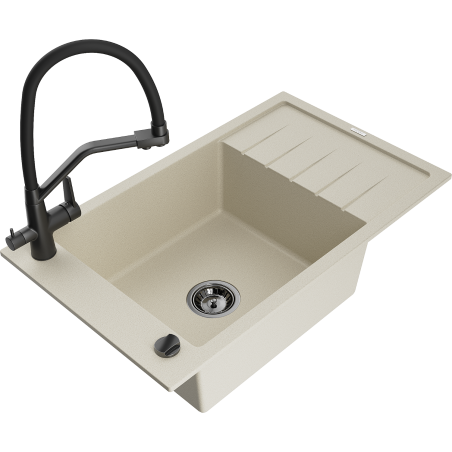 Mexen Elias granitový dřez s 1 komorou, odkapávačem a kuchyňskou baterií Duo, béžový - 6511-69-671701-70-B