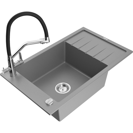 Mexen Elias granitový dřez 1-komorový s odkapávačem a kuchyňskou baterií Duo, šedý - 6511-71-671701-07