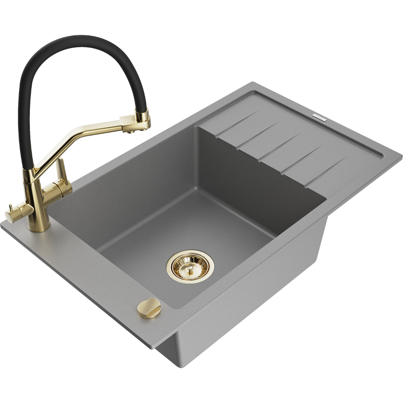 Mexen Elias granitový dřez 1-komorový s odkapávačem a kuchyňskou baterií Duo, šedý - 6511-71-671701-57-G