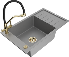 Mexen Elias granitový dřez 1-komorový s odkapávačem a kuchyňskou baterií Duo, šedý - 6511-71-671701-57-G