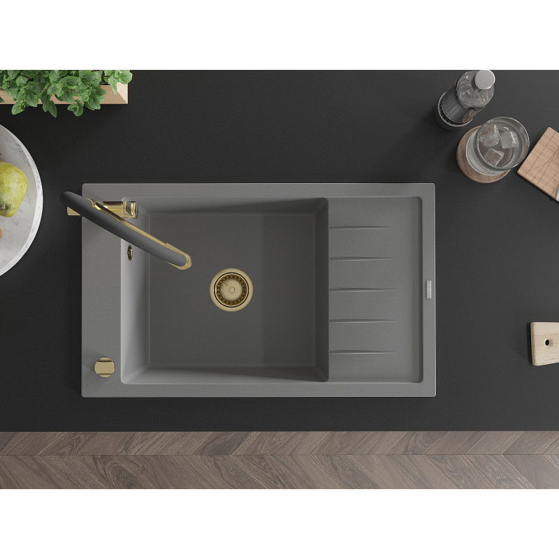 Mexen Elias granitový dřez 1-komorový s odkapávačem a kuchyňskou baterií Duo, šedý - 6511-71-671701-57-G