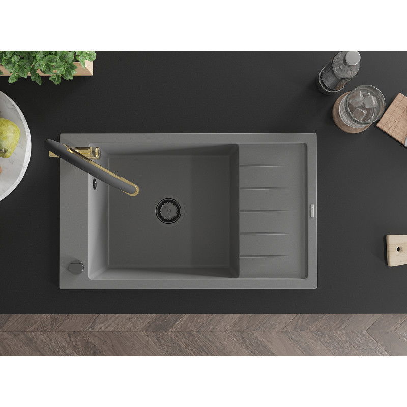 Mexen Elias granitový dřez 1-komorový s odkapávačem a kuchyňskou baterií Duo, šedý - 6511-71-671701-57-B
