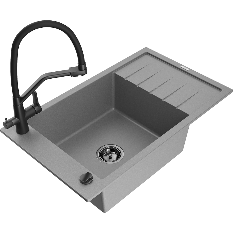 Mexen Elias granitový dřez 1-komorový s odkapávačem a kuchyňskou baterií Duo, šedý - 6511-71-671701-70-B