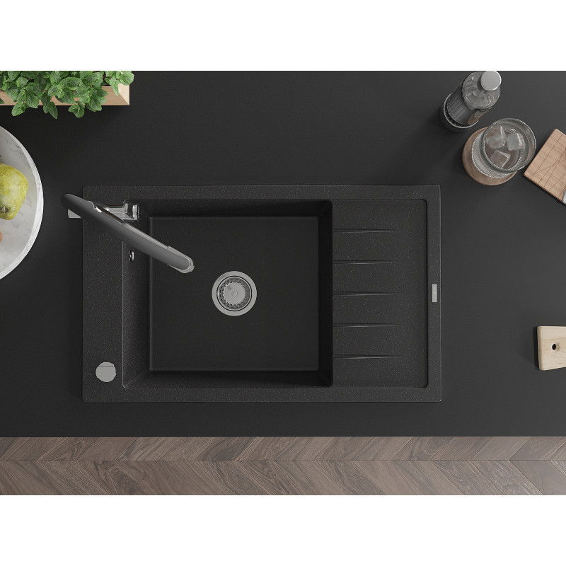 Mexen Elias granitový dřez 1-komorový s odkapávačem a kuchyňskou baterií Duo, černý/stříbrný metalický - 6511-73-671701-07