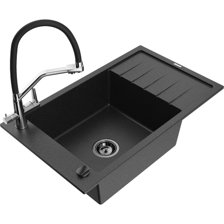Mexen Elias granitový dřez 1-komorový s odkapávačem a kuchyňskou baterií Duo, černý/stříbrný metalík - 6511-73-671701-07-B
