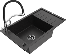 Mexen Elias granitový dřez 1-komorový s odkapávačem a kuchyňskou baterií Duo, černý/stříbrný metalík - 6511-73-671701-07-B