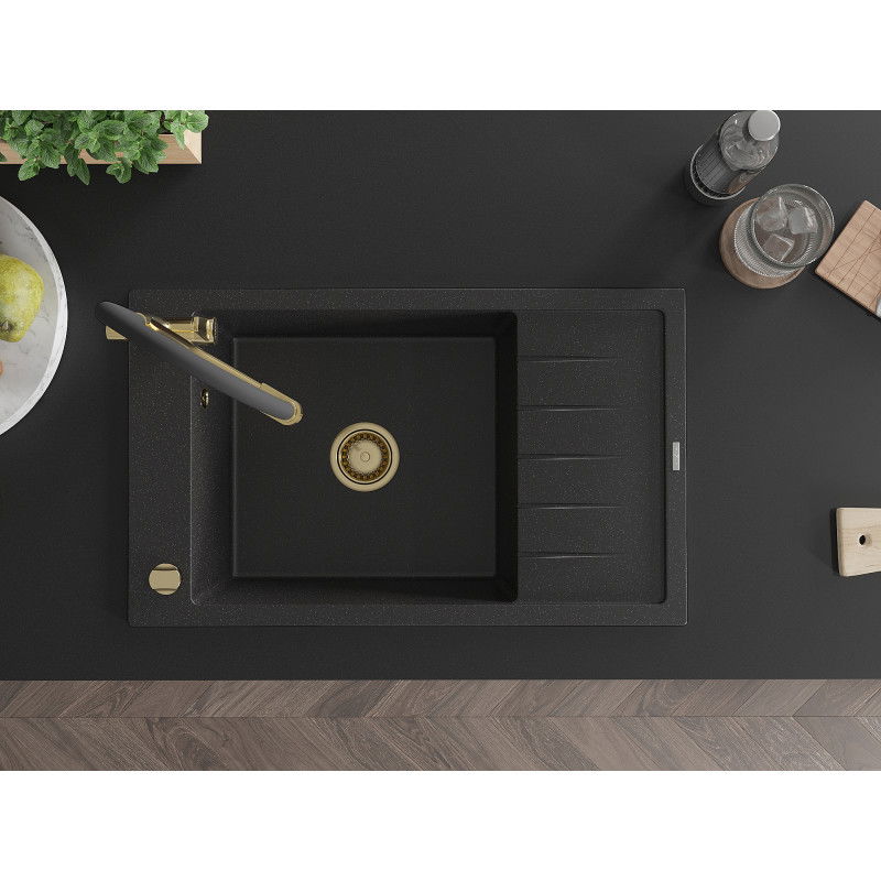 Mexen Elias granitový dřez 1-komorový s odkapávačem a kuchyňskou baterií Duo, černý/stříbrný metalik - 6511-73-671701-57-G