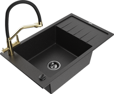Mexen Elias granitový dřez 1-komorový s odkapávačem a kuchyňskou baterií Duo, černý/stříbrný metalik - 6511-73-671701-57-B
