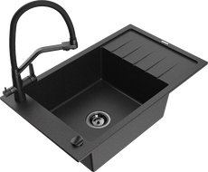 Mexen Elias granitový dřez 1-komorový s odkapávačem a kuchyňskou baterií Duo, černý/stříbrný metalický - 6511-73-671701-70-B