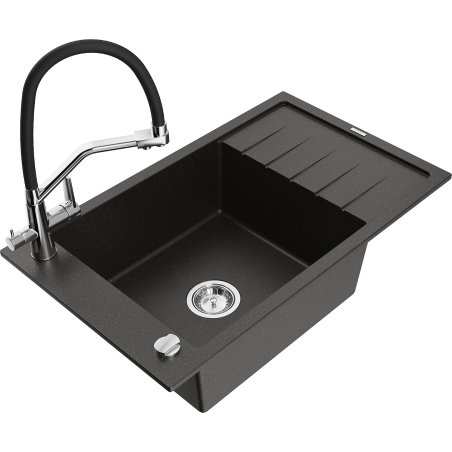 Mexen Elias granitový dřez s 1 komorou a odkapávačem a kuchyňskou baterií Duo, černý/zlatý metalický - 6511-75-671701-07