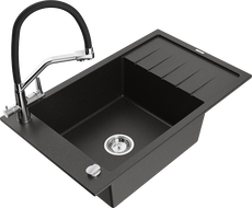 Mexen Elias granitový dřez s 1 komorou a odkapávačem a kuchyňskou baterií Duo, černý/zlatý metalický - 6511-75-671701-07