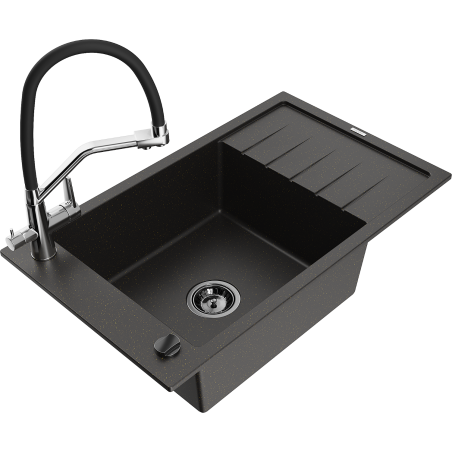 Mexen Elias granitový dřez s jednou komorou, odkapávačem a kuchyňskou baterií Duo, černý/zlatý metalik
